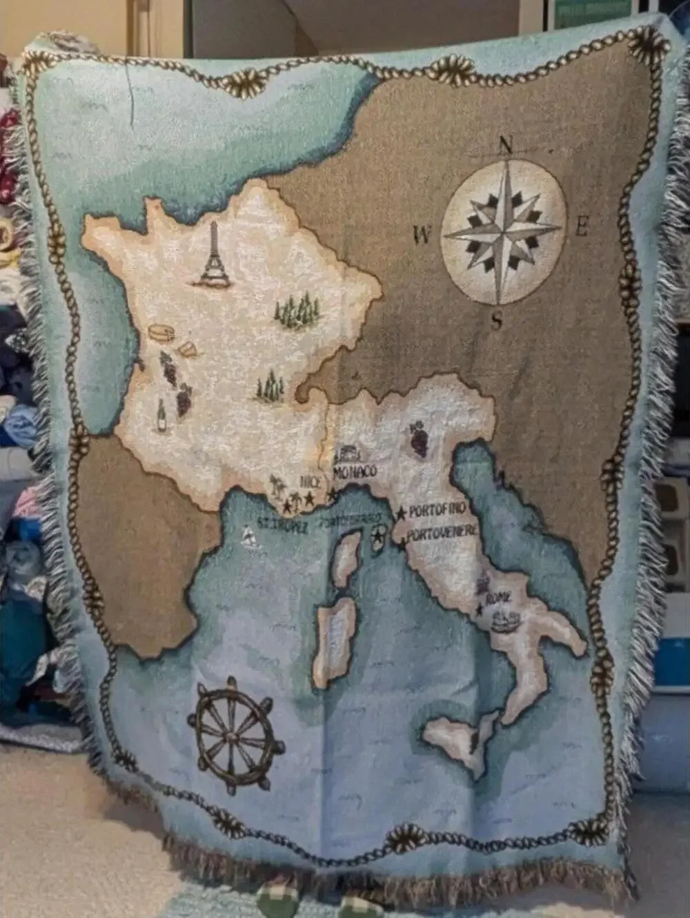 Vintage Woven Map Tapestry Throw Blanket France Italy Mediterranean 50x64 Fringe